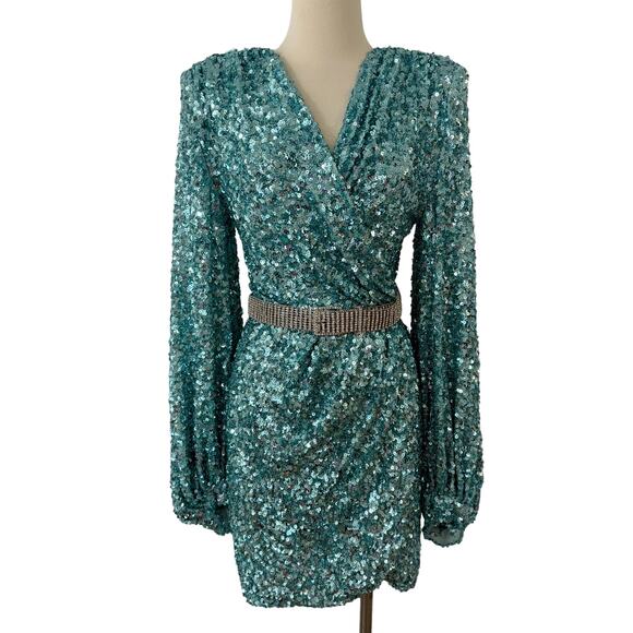 Bronx and Banco Elizabeth Belted Sequin Mini Dress Long Sleeve AU XL (US 10) - Picture 1 of 16